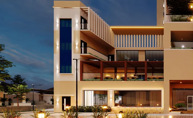 Bren Ananta podium and clubhouse at dusk - Kanakapura Road