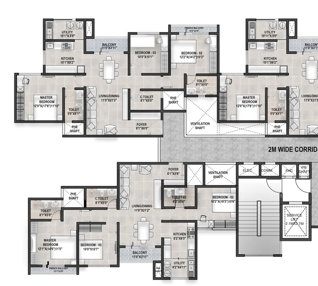 Bren Ananta typical floor combined layout with both 3 BHK variants Bren Ananta typical floor combined layout with both 3 BHK variants