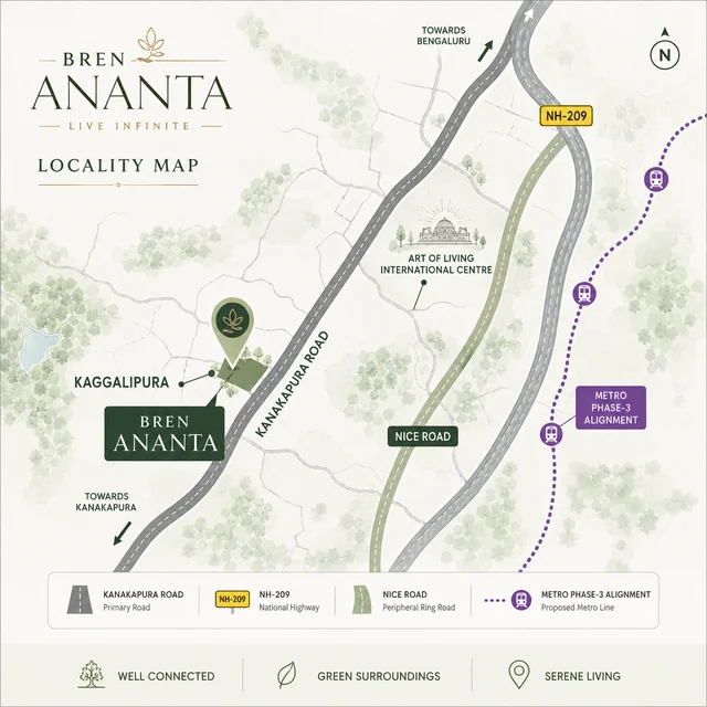 Bren Ananta location map showing NH-209 Kanakapura Road and Kaggalipura landmarks